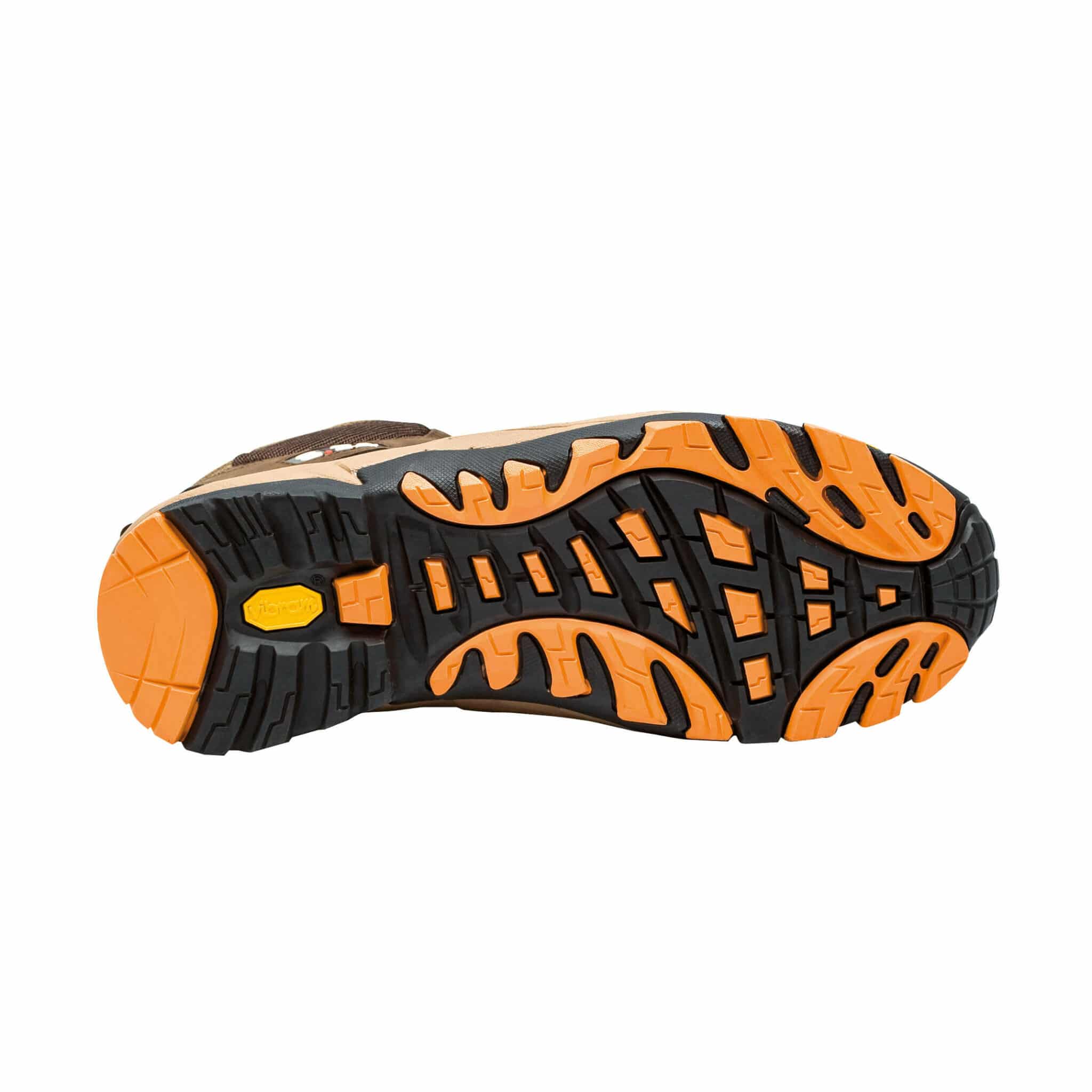 semelle de chaussure orange et noir vue de dessous