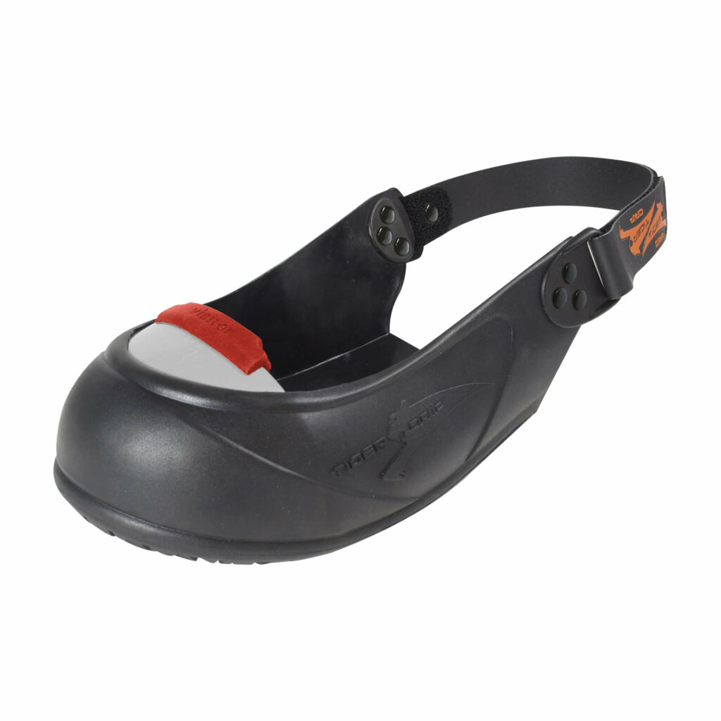 sur-chaussure noire avec embout de sécurité gris et sangle velcro réglable