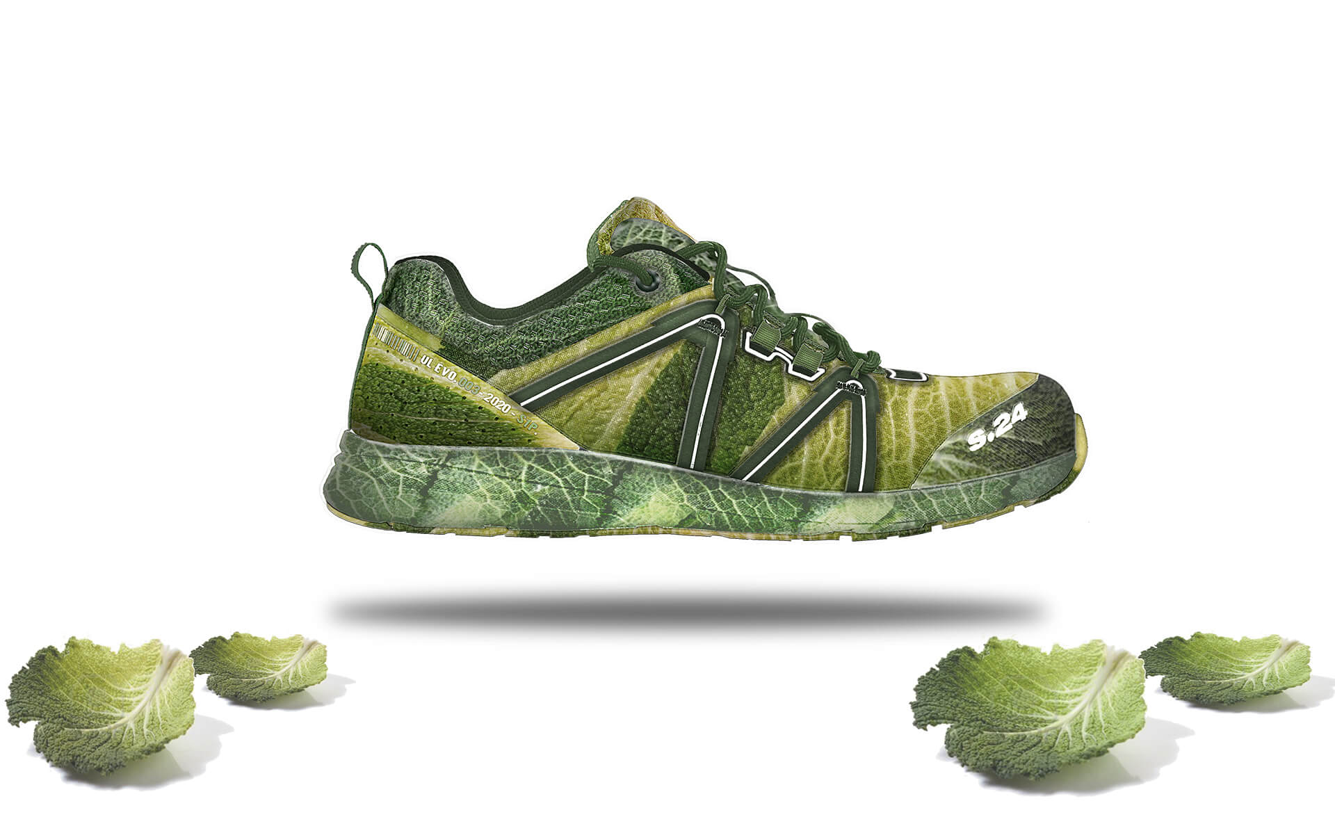 chaussure de sécurité verte en feuilles de choux vue de profil