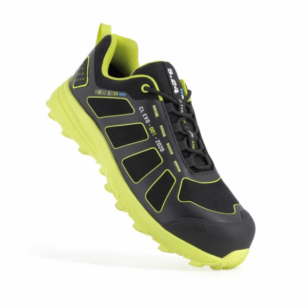 chaussure de sécurité noire et jaune vue de devant