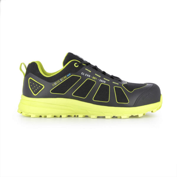 chaussure de sécurité noire et jaune vue de profil