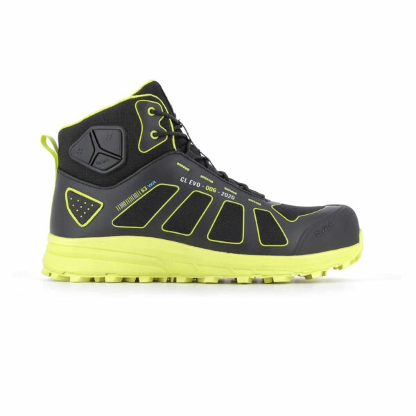 chaussure de sécurité noire et jaune montante vue de profil