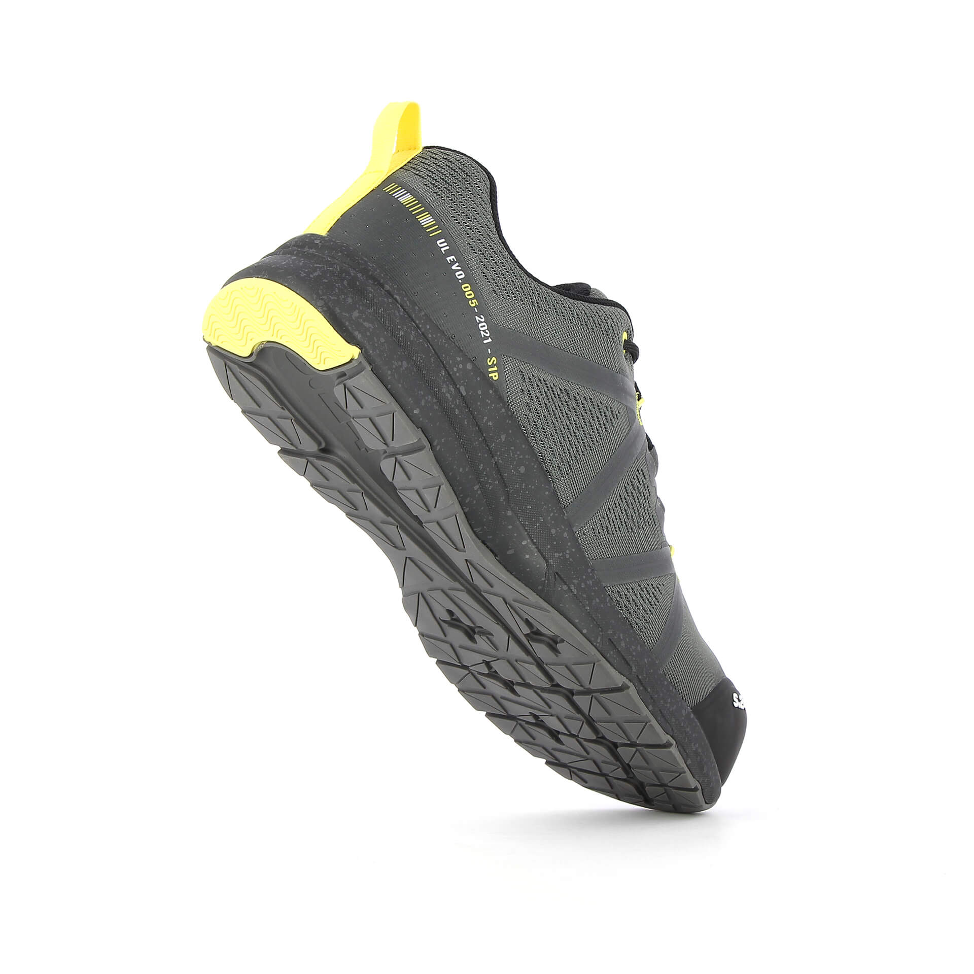 chaussure de sécurité grise noir et jaune en lévitation vue de derrière
