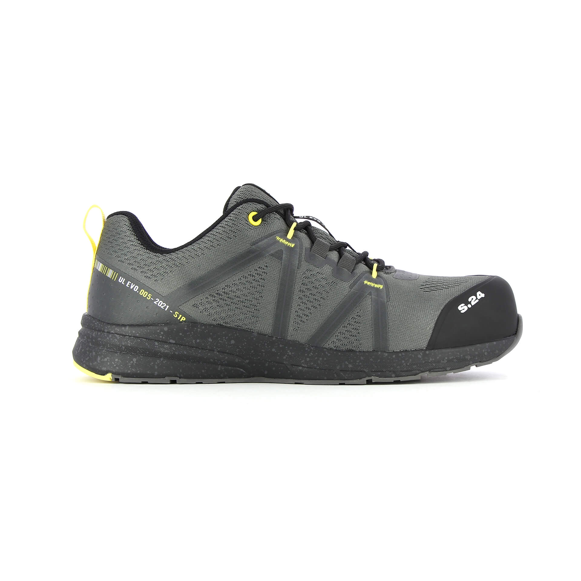 chaussure de sécurité grise noir et jaune de profil