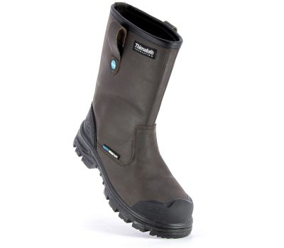 botte de sécurité avec une semelle noire et un cuir marron vue de devant