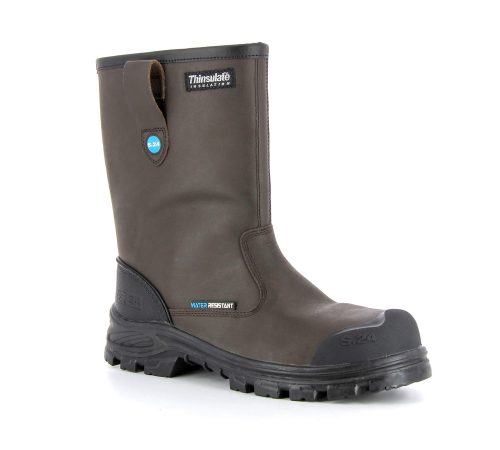 botte de sécurité avec semelle noire et cuir marron