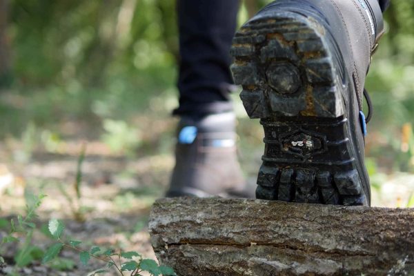 dessous d'une chaussure d'une personne marchant dans la forêt