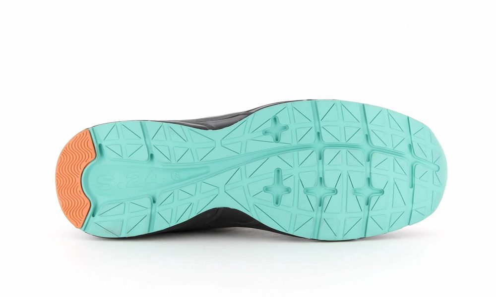 Semelle de chaussure de sécurité turquoise SRC antiglisse vue de dessous