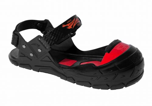 sur-chaussure noire avec embout de sécurité rouge et sangle velcro réglable