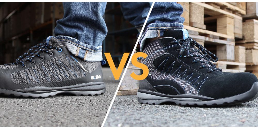une chaussure de sécurité basse et une chaussure de sécurité montante mises en comparaison.