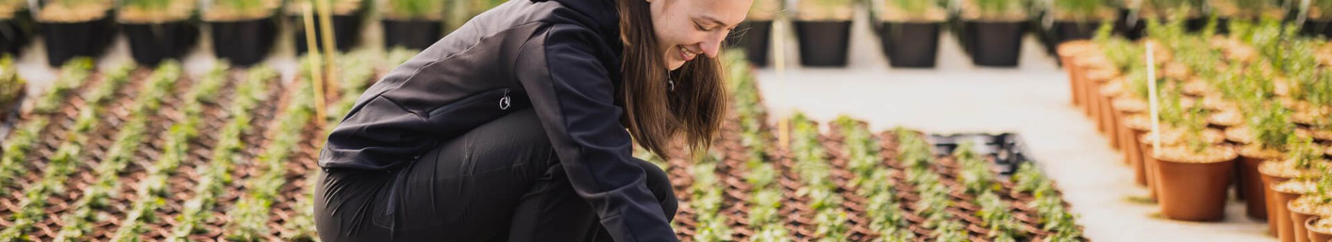 chaussure de sécurité femme trail – jardin jeune femme souriante accroupi dans une serre de plantes