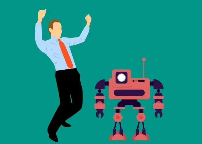 dessin d'un homme en chemise cravate levant les bras au ciel avec à côté un petit robot rose